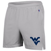 Grey WVU shorts with a navy Flying WV Logo screenprint at lower left leg